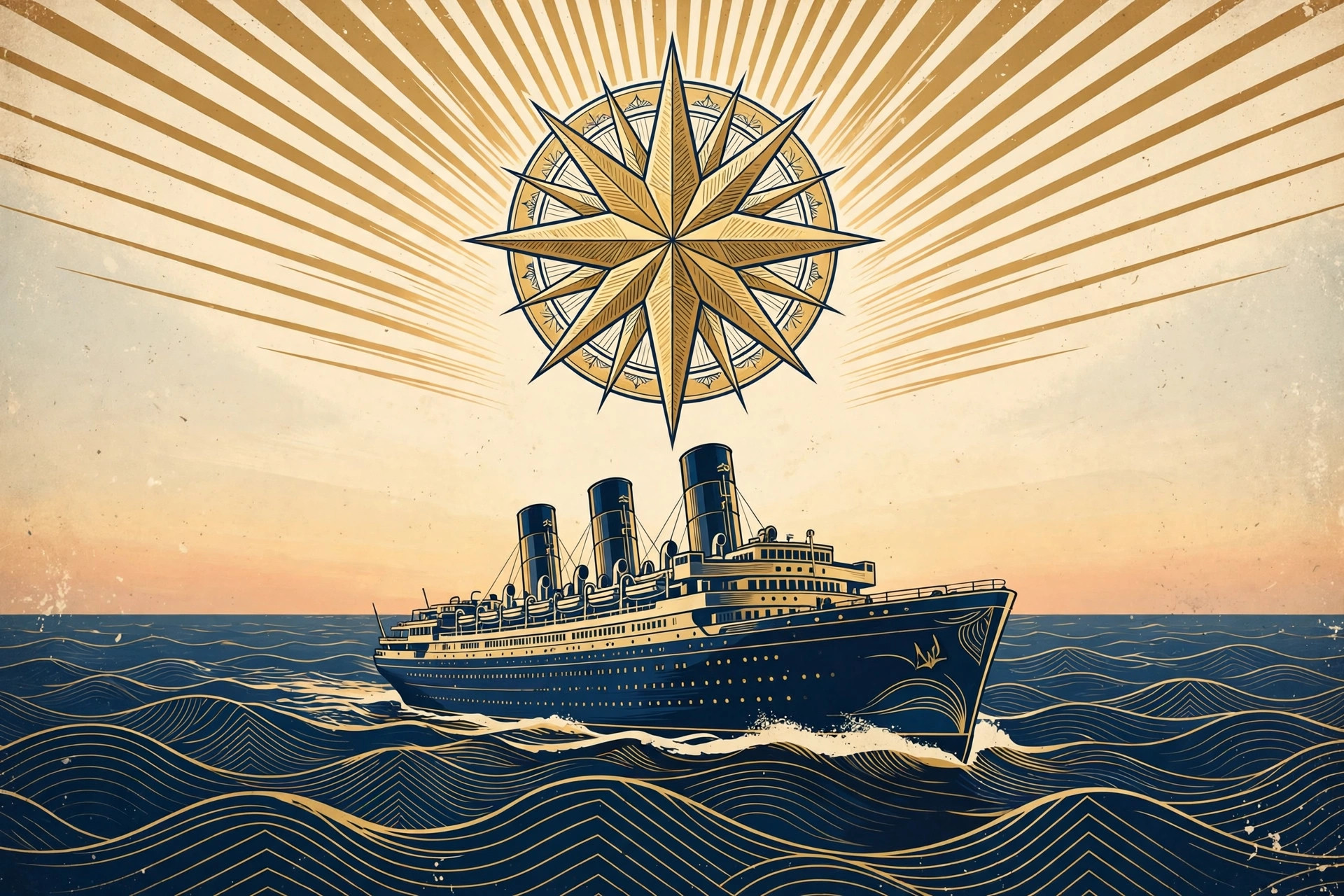 Vintage travel-poster illustration of a grand ocean liner sailing under a golden compass star